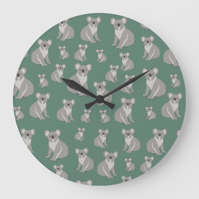 Grande Horloge Ronde Cute Koala Eucalyptus Motif vert (Recto)