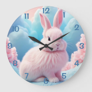 Grande Horloge Ronde Cute Lapin Rose Coton Bonbons Nuages