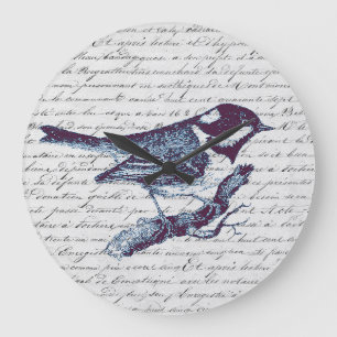 Grande Horloge Ronde Cute Little Blue Bird Script Vintage français