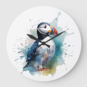 Grande Horloge Ronde Cute macaron en bleu aquarelle