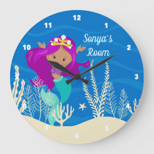 Grande Horloge Ronde Cute Mermaid Beach Girl Ocean Blue Chambre