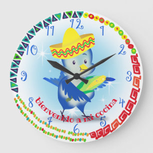 Grande Horloge Ronde Cute Mexican sombrero bird personalized kitchen