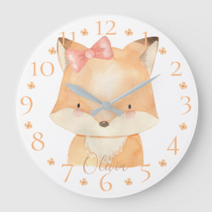 Grande Horloge Ronde Cute Personalized Watercolor Baby Fox