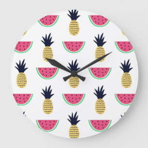 Grande Horloge Ronde Cute Pineapple et Watermelon Doodle Pattern