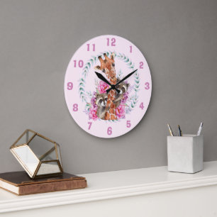 Grande Horloge Ronde Cute Pink Jungle Safari Giraffe Kids Room