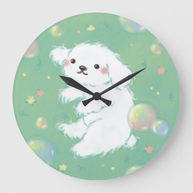 Grande Horloge Ronde Cute Puppy with Bubbles and Flowers (Recto)