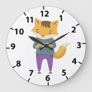 Grande Horloge Ronde Cute renard avec tasse de thé