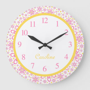 Grande Horloge Ronde Cute Spring Floral Yellow & Pink Wall Clock