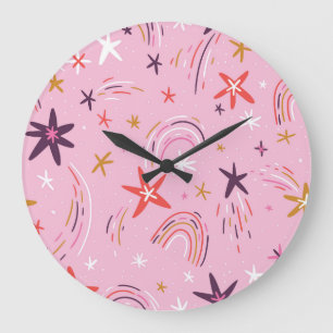 Grande Horloge Ronde Cute Stars Rainbows Motif rose