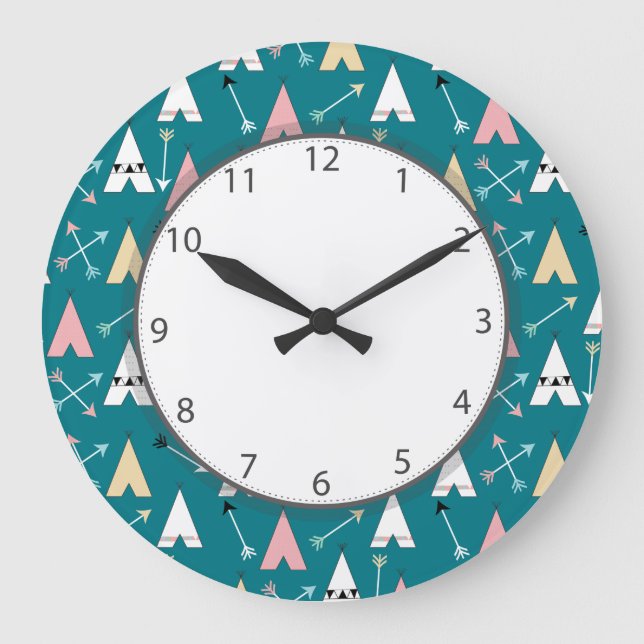 Grande Horloge Ronde Cute Teepees and Arrows (Recto)