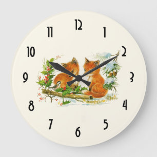 Grande Horloge Ronde Cute Vintage Foxes Retro Christmas Scene