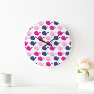 Grande Horloge Ronde Cute Whales, Pattern of Whales, Sea Animals