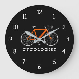 Grande Horloge Ronde Cycliste Orange Bicycle On Black Large Clock