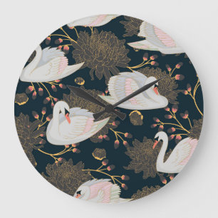 Grande Horloge Ronde Cygnes et chrysanthèmes, motif naturel.