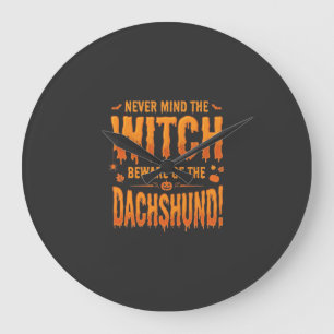 Grande Horloge Ronde Dachshund Halloween Sorcière Avertissement Typogra