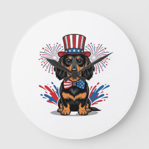 Grande Horloge Ronde Dachshund patriotique feux d'artifice art vectorie