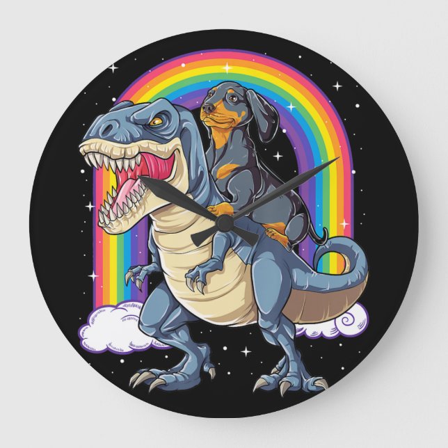 Grande Horloge Ronde Dachshund Riding Dinosaur T Rex Cadeaux Garçons En (Recto)