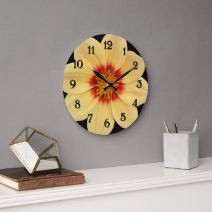 Grande Horloge Ronde Dahlia jaune sur Floral noir