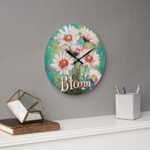 Grande Horloge Ronde Daisies Floral Impressionniste Sarcelle Personnali