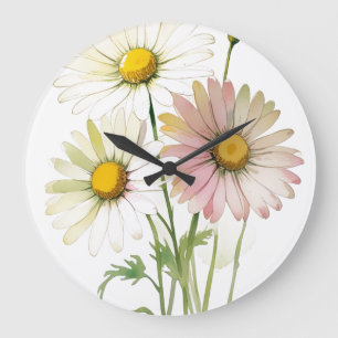 Grande Horloge Ronde Daisy Watercolor Flower Moderne Professionnel