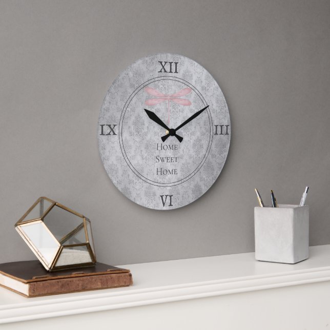 Grande Horloge Ronde Damas de libellule rose (Bureau)
