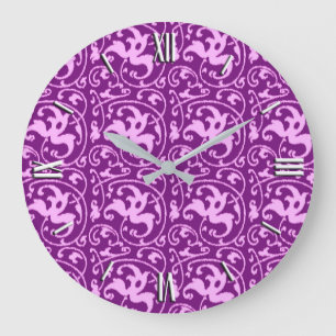 Grande Horloge Ronde Damas florales d'Ikat - Orchidée et violette