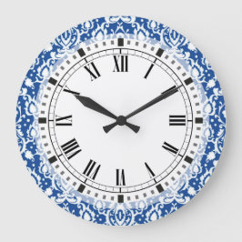Grande Horloge Ronde Damask bleu et blanc