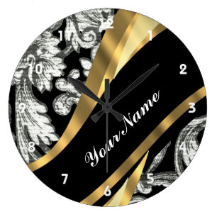 Grande Horloge Ronde Damassé florale noire et blanche