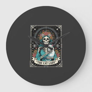 Grande Horloge Ronde Dame de Chat Squelette Tarot Floral Gothique