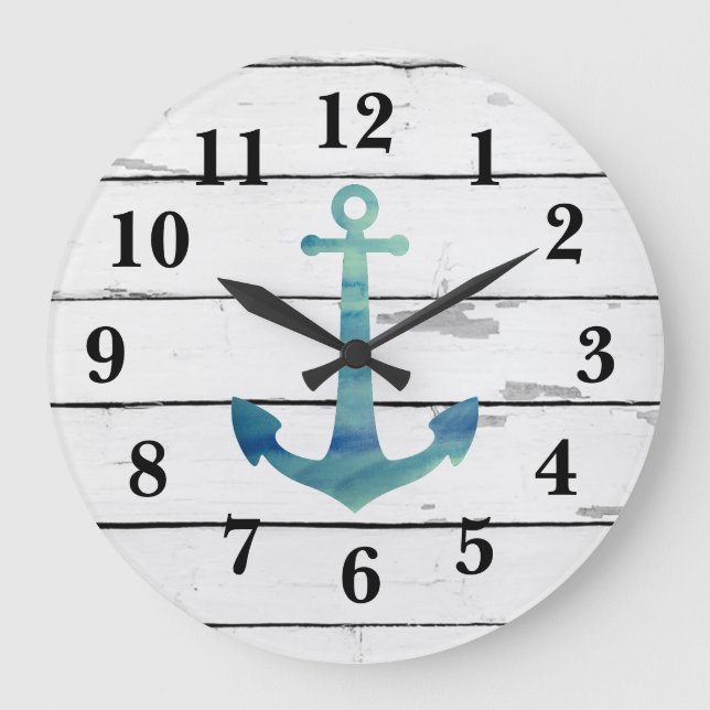 Grande Horloge Ronde Décor rustique Ancre bleu marine (Recto)