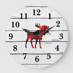 Grande Horloge Ronde Décor rustique Moose Red Check Shiplap