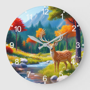 Grande Horloge Ronde Deer d'or debout dans la forêt-987679
