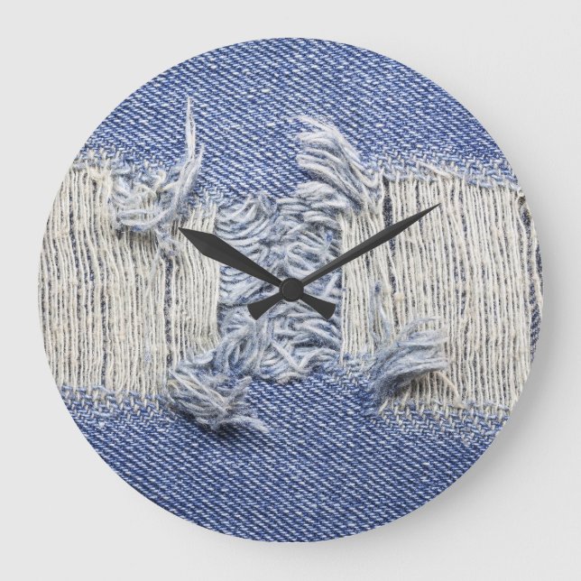Grande Horloge Ronde Dénim bleu déchiré : texture de jeans. (Recto)