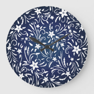 Grande Horloge Ronde Denim Blooms : Floral Pattern Arrière - plan