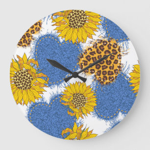 Grande Horloge Ronde Denim Hearts Leopard Sunflowers Motif