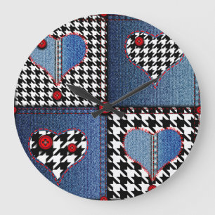 Grande Horloge Ronde Denim Patchwork : Motif en tissu transparent