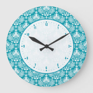 Grande Horloge Ronde Dentelle florale Turquoise et blanche