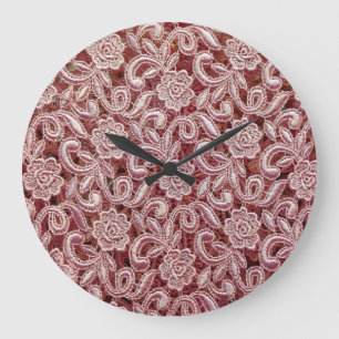 Grande Horloge Ronde Dentelle rose, motif de roses anciennes.