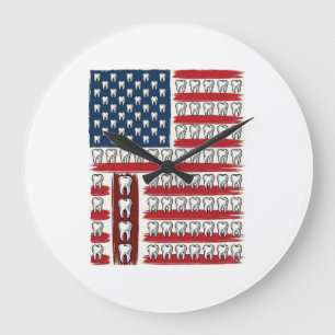 Grande Horloge Ronde Dentiste Patriotique Drapeau Dentaire