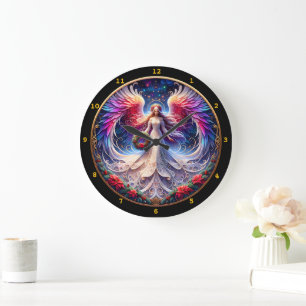 Grande Horloge Ronde Design angélique avec ailes et Motifs vibrants