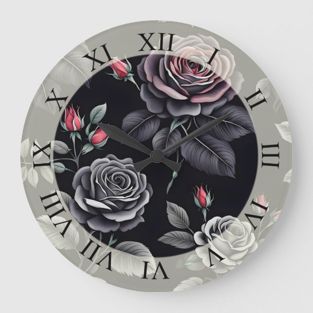 Grande Horloge Ronde Design d'art floral Rose sombre (Recto)