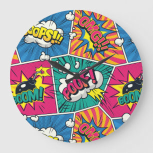 Grande Horloge Ronde Design d'art pop coloré - Explosion de bande dessi