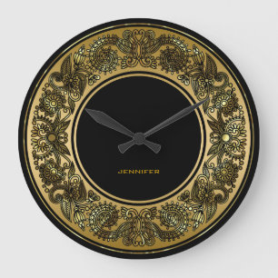 Grande Horloge Ronde Design Floral Noir Et Or
