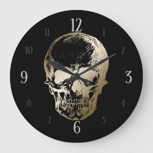 Grande Horloge Ronde Design métallique crâne doré sur noir