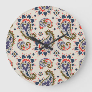 Grande Horloge Ronde Design motif paisley classique et transparent.
