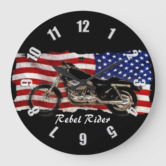Grande Horloge Ronde Design moto et drapeau américain (Recto)