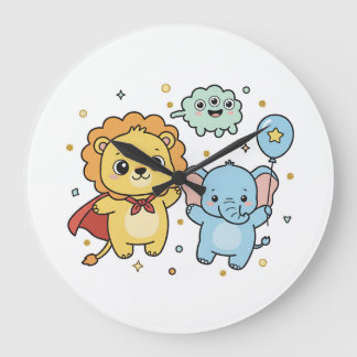 Grande Horloge Ronde Dessin animé de lion et d'éléphant amis super-héro