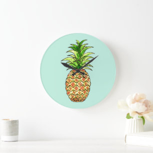 Grande Horloge Ronde dessin d'ananas aquarelle