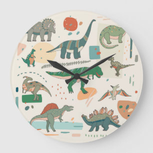 Grande Horloge Ronde Dessin de Dinosaur : jeu d'illustrations vintage.