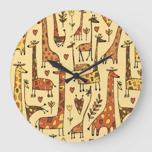 Grande Horloge Ronde Dessin De Giraffe, Amusant Design Sans Fil.